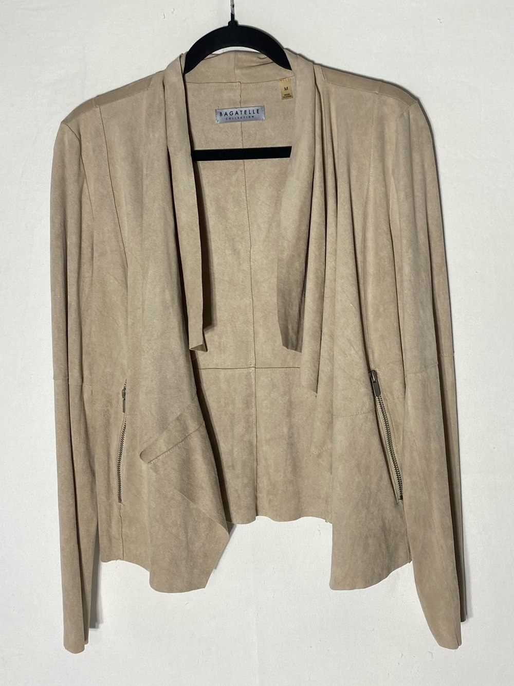 Bagatelle Tan Taupe Faux Suede Drape Front Open Jacket M Boho Y2K